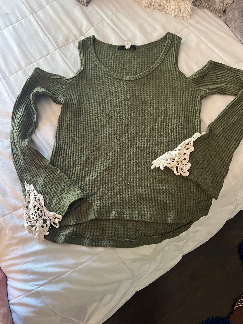 Forever 21 Olive Cold-Shoulder Waffle Knit Top with Cream Crochet Cuffs